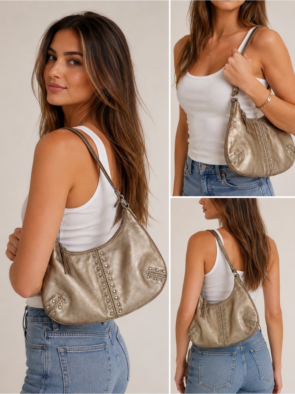 Michael Kors Metallic Leather Studded Hobo Shoulder Bag Champagne Gold Y2K